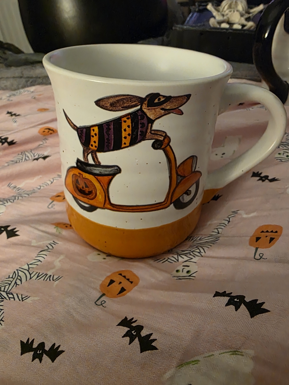 Halloween Dog on Scooter Ceramic Mug - Orange and White